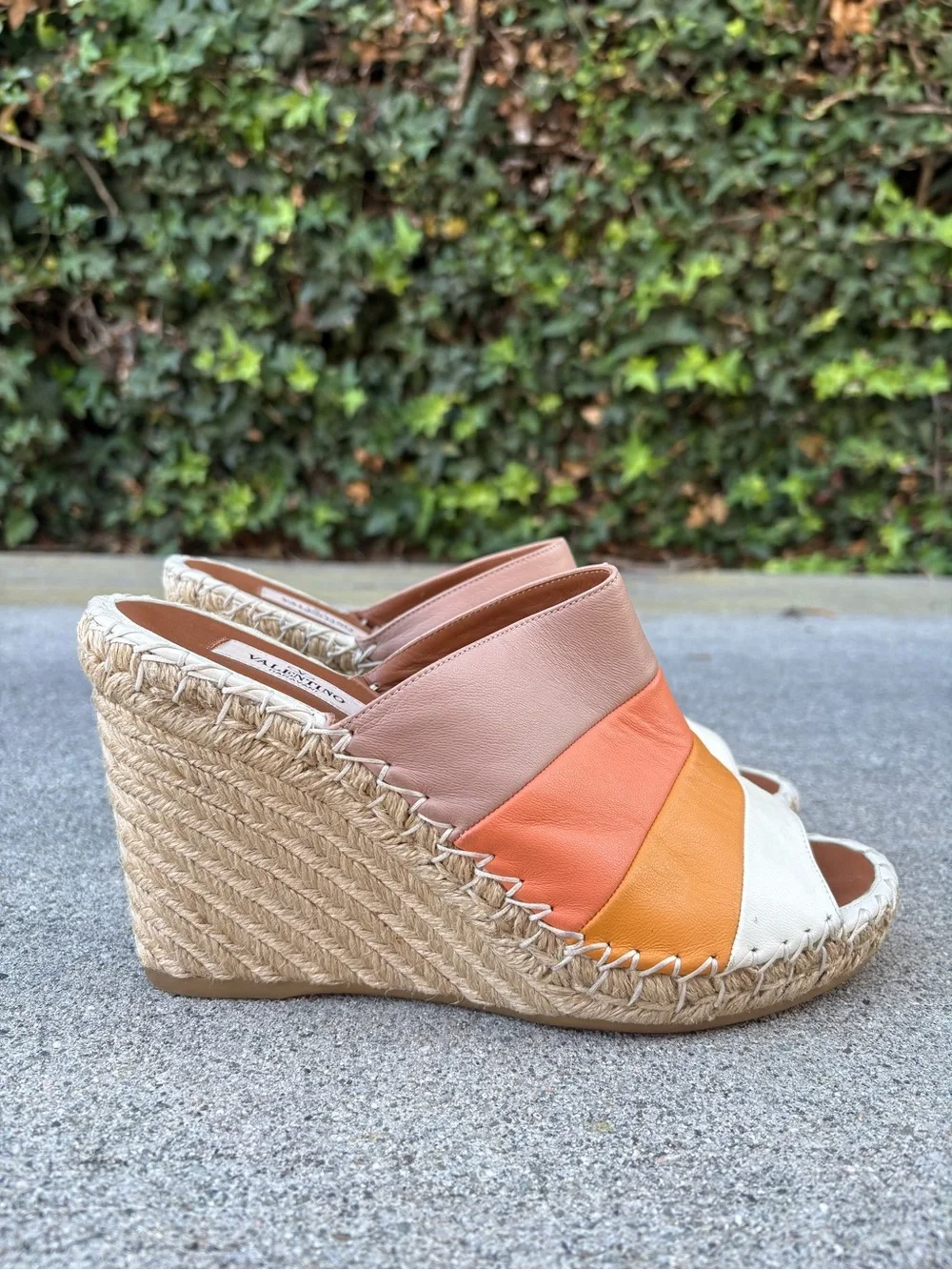 Valentino 1975 striped leather espadrille wedge sandals size 39